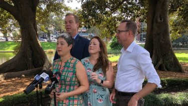 Greens MPs Jenny Leong (front left), Abigail Boyd (front right), David Shoebridge (right) and Jamie Parker (back left) after the state election. 