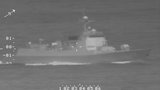 A Royal Australian Air Force (RAAF) reconnaissance photo of a Peoples Liberation Army-Navy Luyang-class guided missile destroyer involved in a lasing incident with an RAAF P-8A Poseidon maritime patrol aircraft.