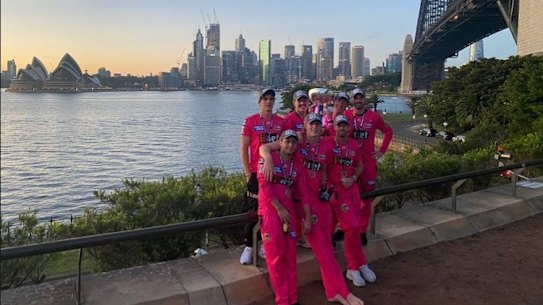 The Sixers took to Sydney Harbour to watch the sunrise following their win. 