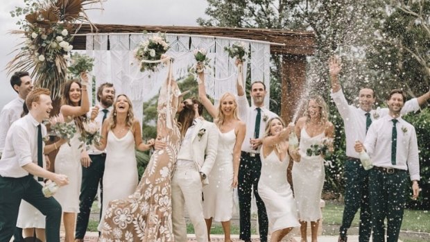 The wedding party at Scott "Jimmy Niggles" Maggs' wedding with Emma Metcalf at Stanwell Tops on March 6 where 37 guests have since been diagnosed with COVID-19.