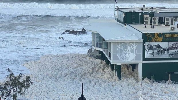 Currumbin Beach Vikings Surf Club is surrounded by the king tide on Tuesday.