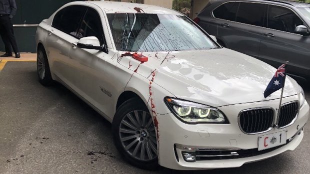 Prime Minister Scott Morrison's car was splattered with red paint by refugee protesters. 