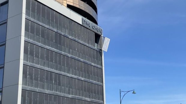 A large sheet of metal that came loose on The Chen, an Art Series Hotel within the Whitehorse Towers in Box Hill on December 30, 2020.