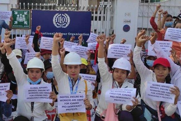 Women from the Federation of Garment Workers Myanmar protest against the coup, February 24, 2021, in Myanmar. 