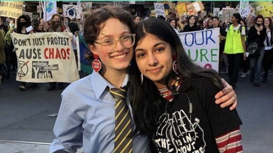 School Strike 4 Climate organisers Ella Simons, then 15, and Anjali Sharma, then 17, at the 2021 rally.