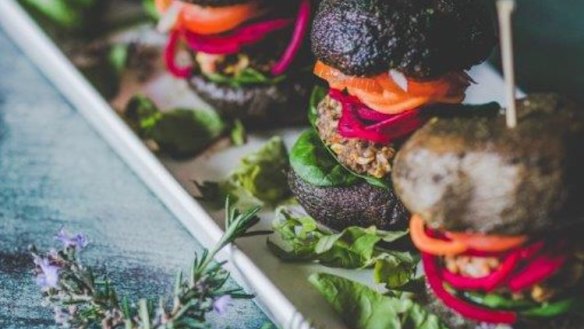 Back 2 Earth's rainbow raw vegan mushroom bun burgers.