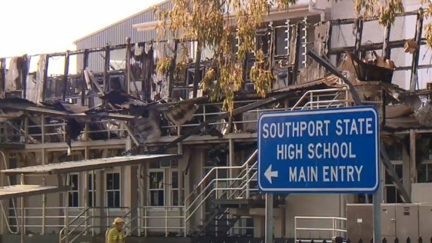 What is left of the Southport State High School building that was destroyed by fire on October 4.