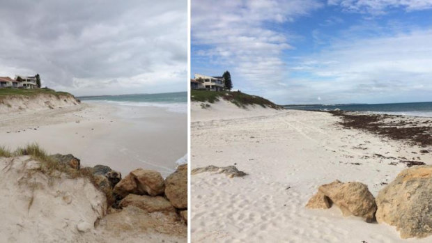 Ledge Point following storm events in 2009 (left) left and revegetation of dune slope by June 2016 (right).