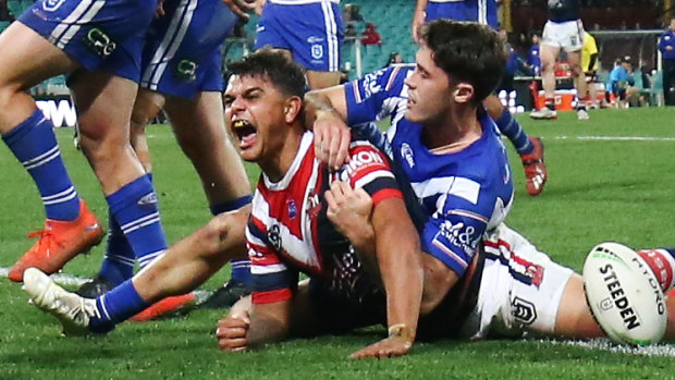Not enough: Latrell Mitchell scored a double against the Bulldogs but has been cut from the NSW side.