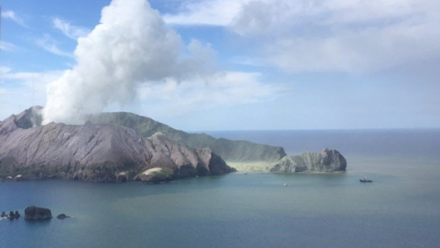 A shot of the volcano erupting from the Westpac Rescue Helicopter.