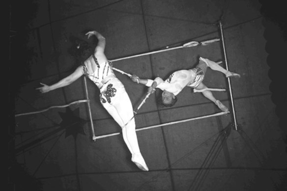 Trapeze artists in action for Wirth's Circus in the 1940s.