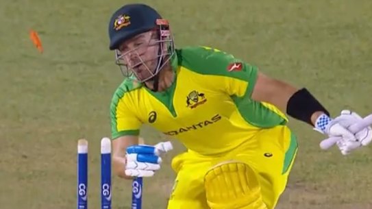 Fidel Edwards bowls Aaron Finch for 6 in the second T20 international in St Lucia.