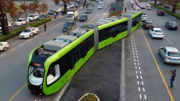 A trial of the tram on the streets of Zhuzhou, Hunan Province. 