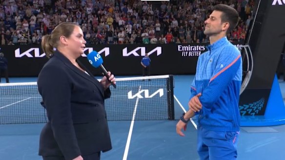 Jelena Dokic interviews Novak Djokovic at the Australian Open last year.
