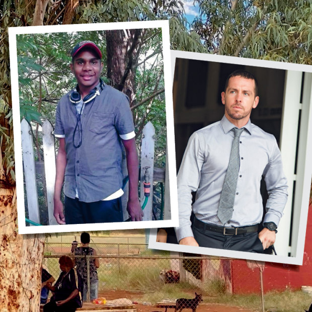 The red house (at right) at Yuendumu where Kumanjayi Walker (inset left) was shot dead by Constable Zachary Rolfe (inset right).