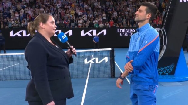 Jelena Dokic interviews Novak Djokovic after his win over Grigor Dimitrov.