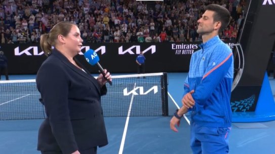 Jelena Dokic interviews Novak Djokovic after his win over Grigor Dimitrov.