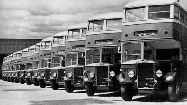 Thirteen double-decker buses at the Central Bus Garage in North Fitzroy, 1940.