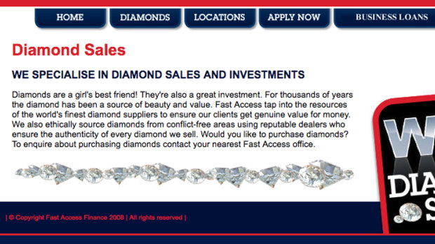 A screenshot of Fast Access Finance's website explaining the diamond component of the sale in 2012. It has since been taken down.