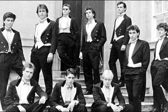 Oxford University's Bullingdon Club. Standing L-R Sebastian Grigg, David Cameron, Ralph Perry-Robinson, Ewen Ferguson, Harry Eastwood. Sitting L-R Sebastian James, Jonathan Ford, Boris Johnson.