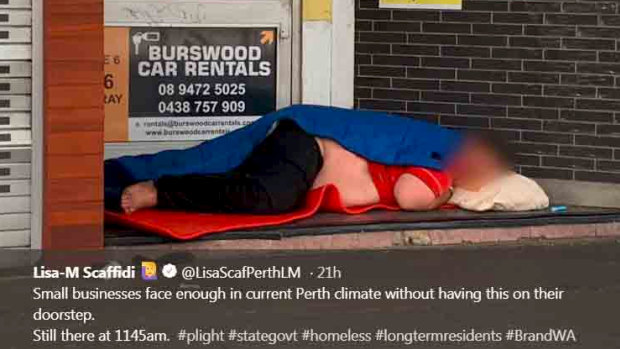 One of the images Lisa Scaffidi tweeted of a man sleeping rough on Murray Street. WAtoday chose to blur his face.