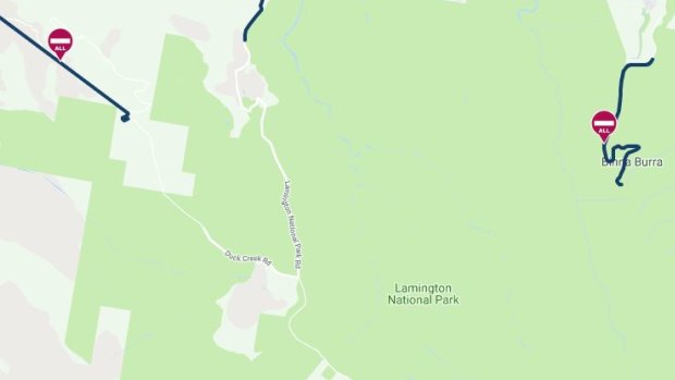 Map showing Duck Creek Road running up to Lamington National Park.