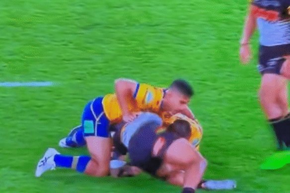 Jarome Luai gives Isaiah Papali’i a nudge with his right boot