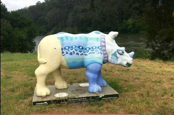 A 500 kilogram fibreglass rhinoceros named “Spenser” travelled from Sackville to St George during the 2022 flood. 