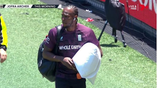 England’s Jofra Archer arriving at the Gabba on Saturday.