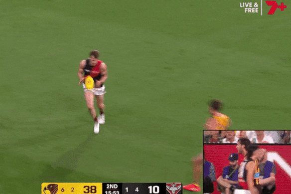 Hawthorn’s Jack Scrimshaw is set to face MRO scrutiny after this incident with Bomber Jordan Ridley.