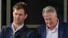 AFL Commissioners Matt De Boer (left) and Andrew Ireland following an AFL House Presidents meeting on Tuesday.