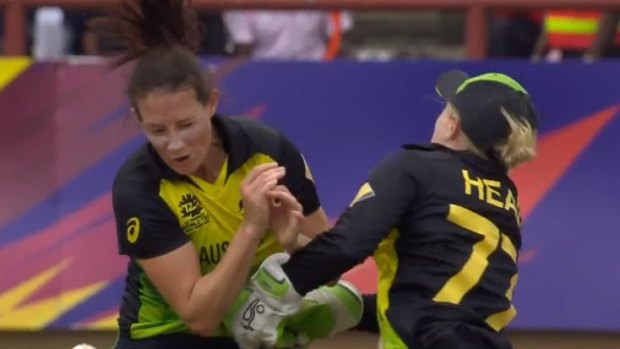 Friendly fire: Alyssa Healy suffered a head knock in a collision with teammate Megan Schutt.