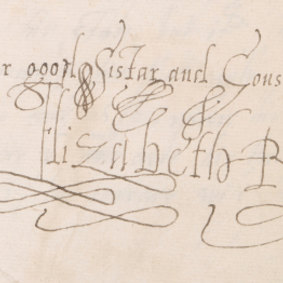 Detail of one of the exhibits showing Elizabeth I’s signature.