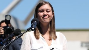 Brittany Higgins speaks at the March 4 Justice protest in Canberra.