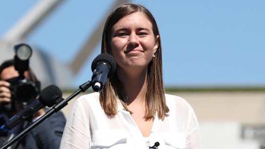 Brittany Higgins speaks at the March 4 Justice protest in Canberra.