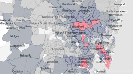 Map showing decline of foreign students living in Sydney.