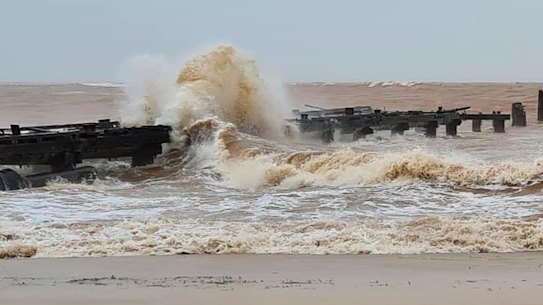The sea swallows the historic prawning jetty at Carnarvon. 