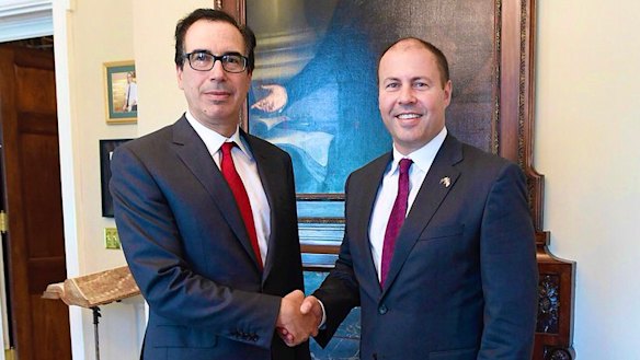 Steven Mnuchin, US Secretary of the Treasury, meets Treasurer Josh Frydenberg in Washington DC. 