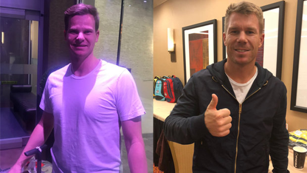 Back in action: Steve Smith and David Warner pictured arriving in Toronto for the inaugural T20 Canada.