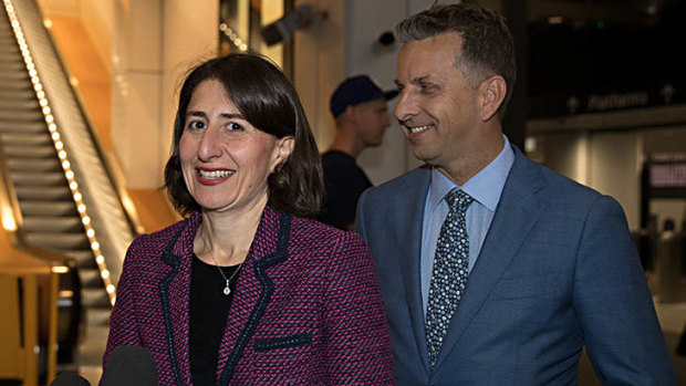 Premier Gladys Berejiklian and Transport Minister Andrew Constance at Wynyard Station in Sydney's CBD on Tuesday.