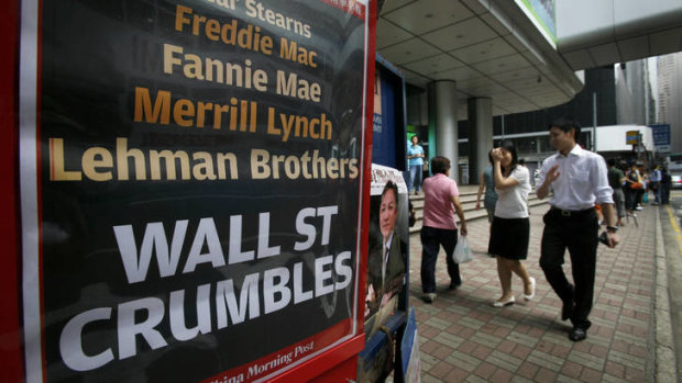 Sign of the times: A newspaper headline reports the collapse of Lehman Brothers in 2008.