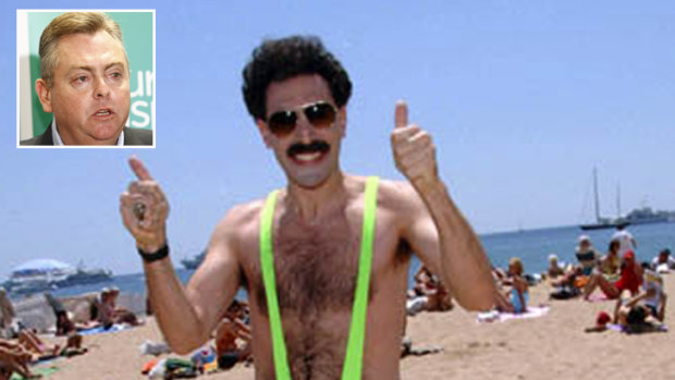 Sacha Baron Cohen's infamous mankini in the film <em>Borat: Cultural Learnings Of America For Make Benefit Glorious Nation Of Kazakhstan</em>; and, inset, Planning Minister Anthony Roberts.