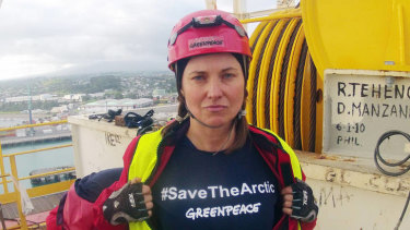 Lucy Lawless takes part in a Greenpeace protest against a Shell-contracted drilling ship in  New Zealand.