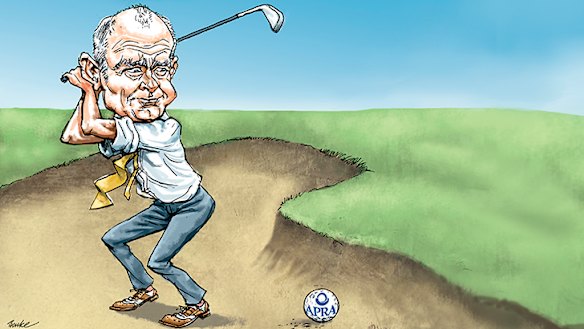 The boss of financial services juggernaut IOOF, Chris Kelaher, has been stuck in the trickiest of business bunkers. Fortunately, he loves golf. Illustration: Joe Benke
