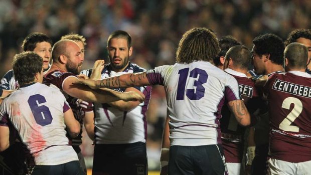 Glenn Stewart and Adam Blair are separated after brawling during The Battle of Brookvale.
