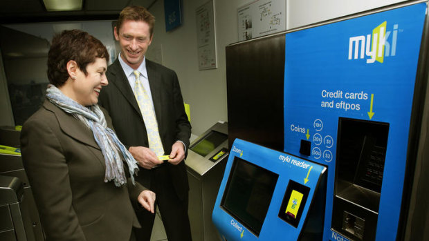 The then transport minister, Lynne Kosky, tests a myki ticket machine in 2008.