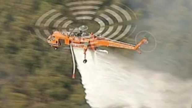 An Aircrane is seen dropping water on the Buninyong bushfire near Ballarat.