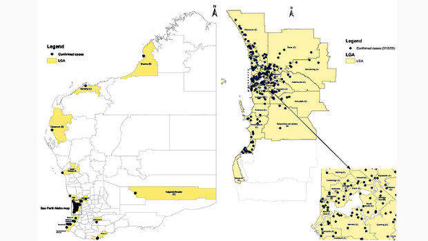 A heat map shows the spread of the coronavirus in Western Australia and the Perth metropolitan region.