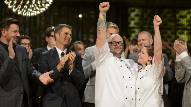 Manu Feildel and Pete Evans with 2013 My Kitchen Rules winners Dan and Steph Mulheron.