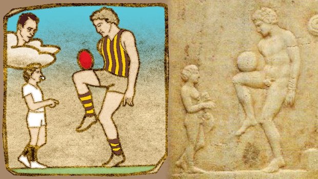 Arguing the toss: AFL players grapple with uncertainty surrounding rules (illustration: Jim Pavlidis), and an action relief image from ancient Greece.